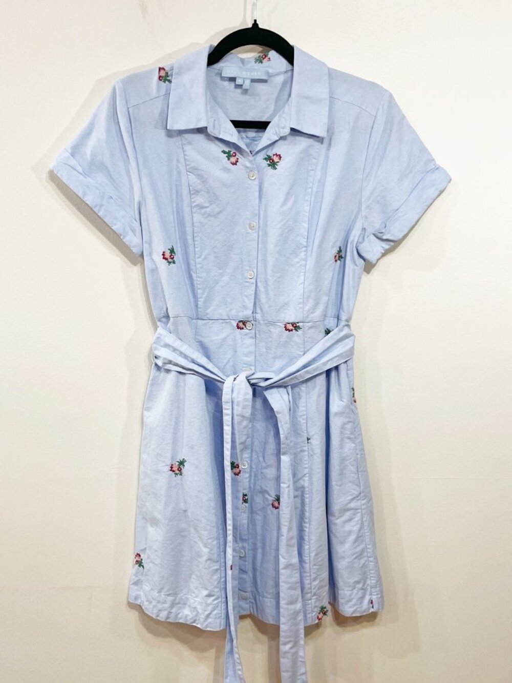 EUC Hill House Laura 100% Cotton Embroidered Belted Mini Shirtdress Blue Small - Picture 2 of 7
